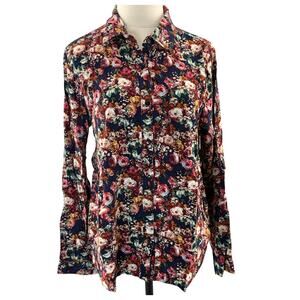 Country Chic Floral Button Down Blouse Women’s Large Rayon Garden Print